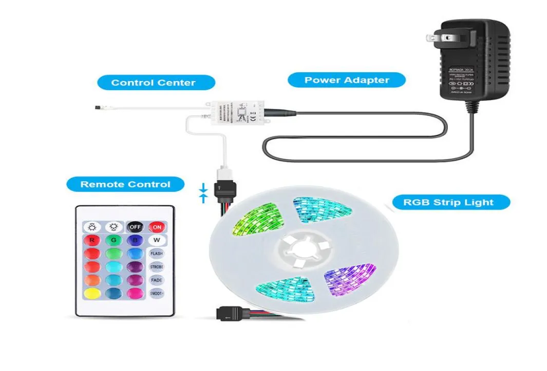 Bande lumineuse LED RGB SMD 3528, 5M, 300led, étanche, éclairage extérieur, ruban multicolore, 24 touches, adaptateur DC12V, set2217764