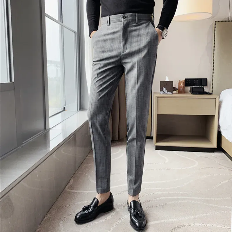Spodnie 2023 Odzież marki Męska wiosna Slim Fit Pure Cotton Business Suit Pants/Male Plaid Pencil Pants Fashion Mode 2838