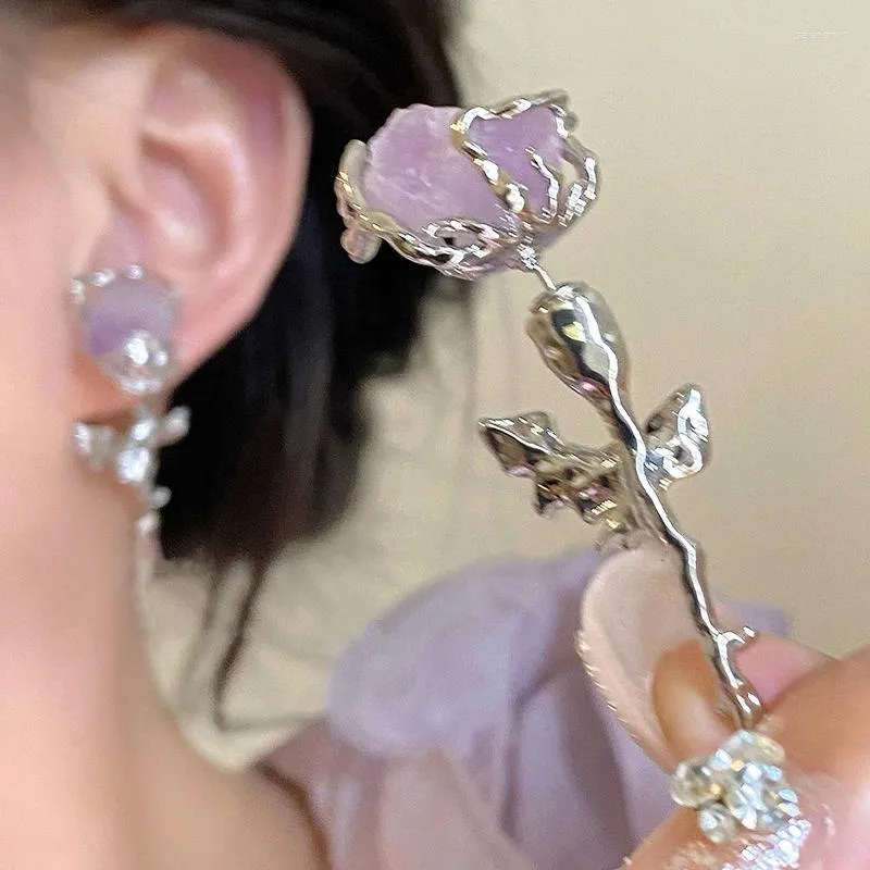 Boucles d'oreilles irrégulières en améthyste, fleur de Rose pour femmes et filles, personnalité Punk, accessoires de bijoux Vintage exagérés