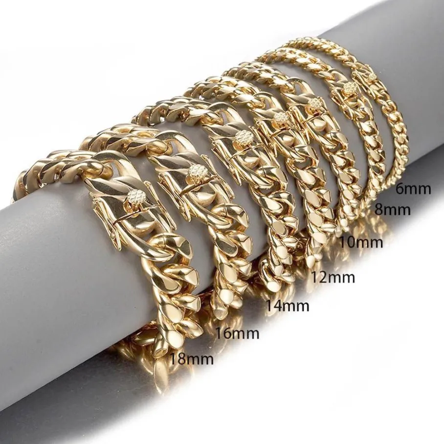 6mm 8mm 10mm 12mm 14mm 16mm 18mm Pulseira de corrente de aço inoxidável Homens Mulheres Bangle Miami Cuban Link Chains Pulseiras Dupla Segurança C306A