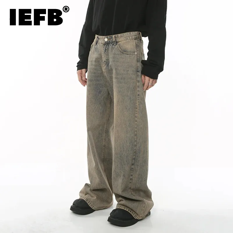 IEFB MENS Baggy Jeans Harbor Style Worn out Looling Wide Leg Denim 바지 세련된 고민 스트리트웨어 빈티지 남성 바지 9c 240228