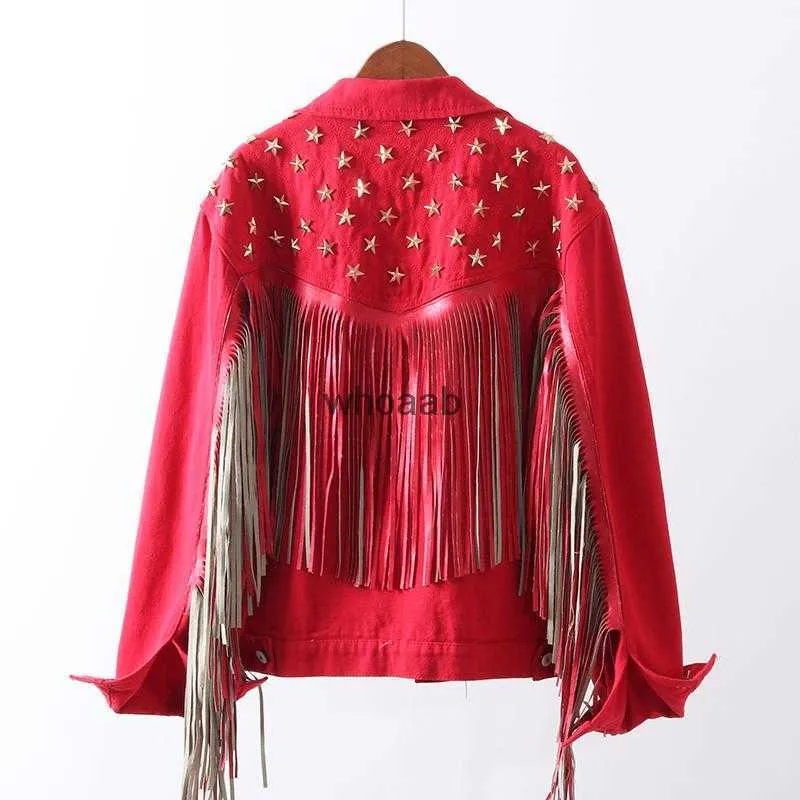 Kvinnorjackor jackor Röd denimstjärna Rivet Suede Fringe Single-Breasted Long Sleeve Outerwear Ropa Z544 240301