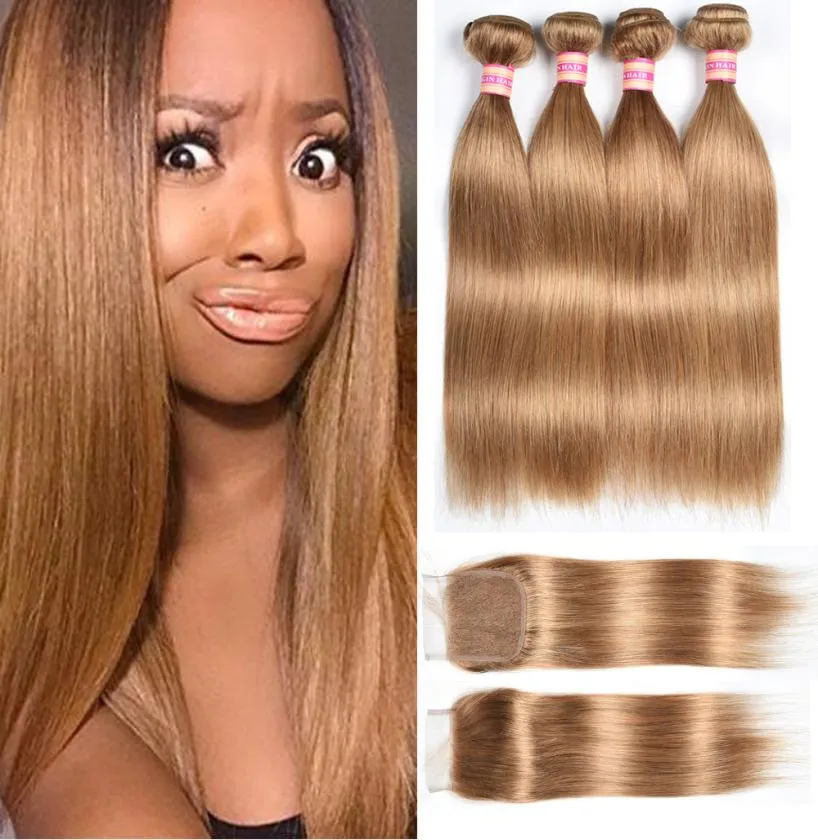 Billiga indiska mänskliga hårbuntar med stängning Blond färg 27 Billiga indiska raka jungfruliga hår wefts med 4x4 Top Lace Clos8403765