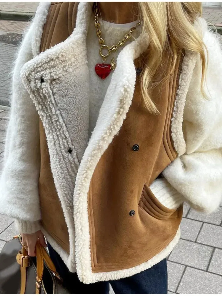 Gilet retrò da donna in peluche gilet manica gilet in lana d'agnello giubbotto villaggio giacche 2023 inverno O collo chic cappotto da donna in cashmere