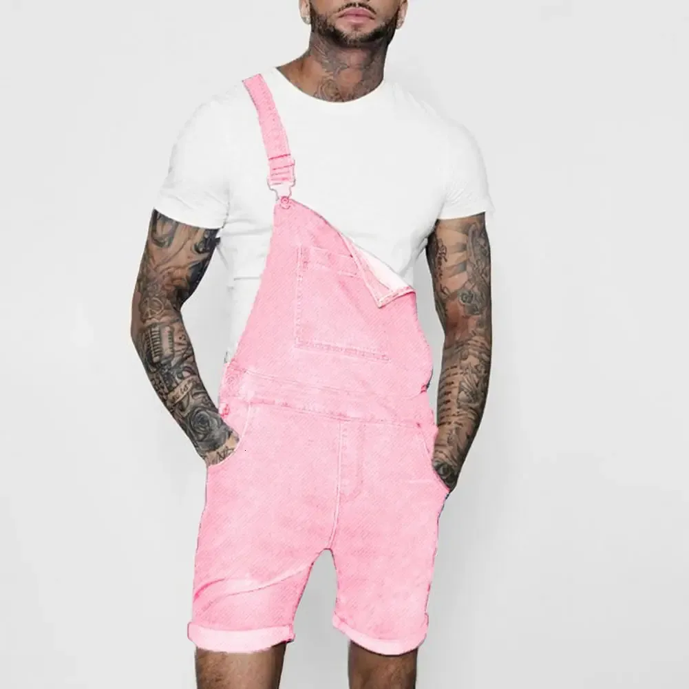 Pink Denim Overall Shorts For Men Fashion Hip Hop Streetwear Mens