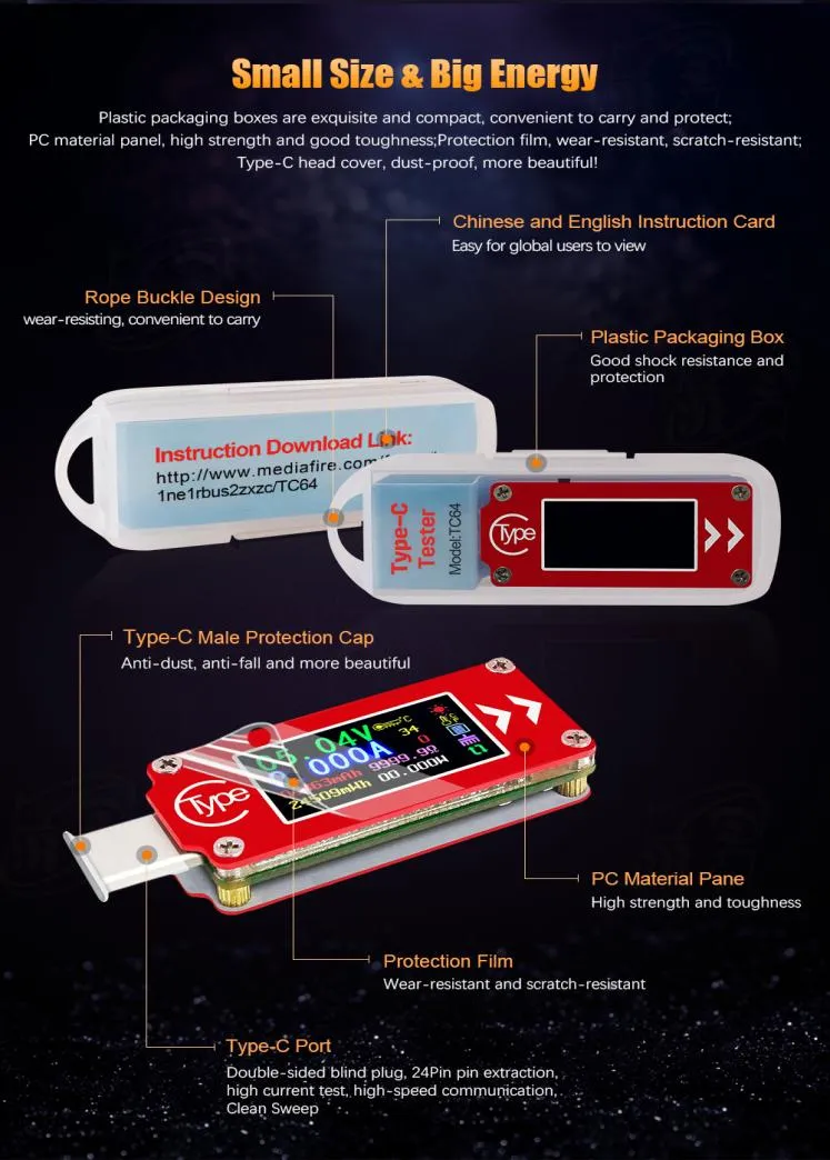 TypeC Цветной ЖК-дисплей USB 4 В 30 В Вольтметр 04000A Измеритель тока Мультиметр Амперметр Напряжение PD Зарядное устройство Power Bank Односторонний USB Teste6563150