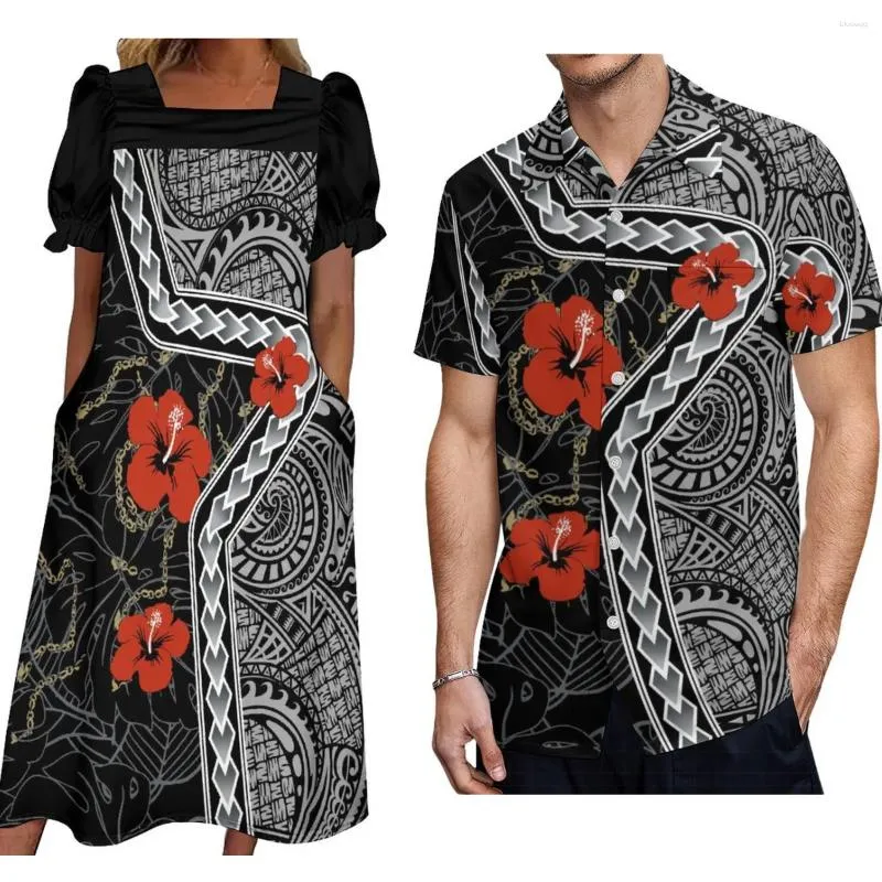 Abiti casual Set coppia personalizzata Design della tribù polinesiana Mumu Abito tascabile da donna samoano con camicia Aloha da uomo