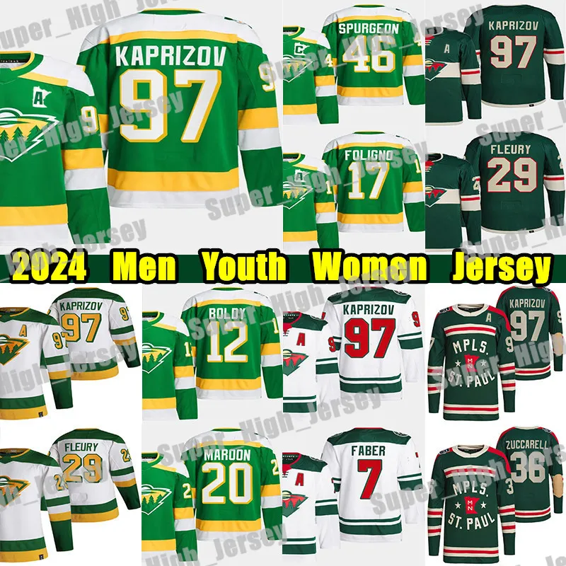 # 97 Kirill Kaprizov camisa de hóquei # 7 Brock Faber Mats Zuccarello Marc-Andre Fleury Pat Maroon Marcus Foligno Joel Eriksson Ek Matt Boldy Personalizado Homens Jovens Mulheres Jerseys