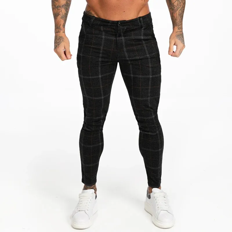 Calças GINGTTO Homens Skinny Chino Calças Outono Inverno Preto Calças Xadrez Calça Skinny Homens Cintura Alta DROPSHIPPING zm383