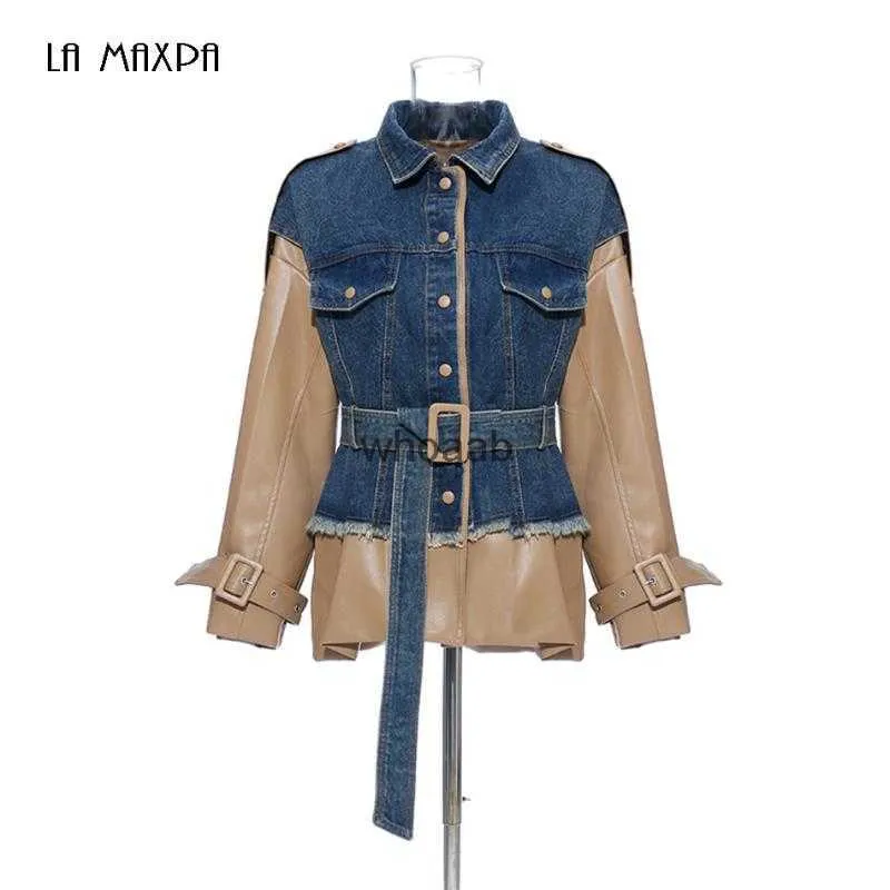 Kvinnorjackor Fashion Clothing Patchwork Hit Color Denim Coats Lapel Collar Long Sleeve High midjejackor för 240301