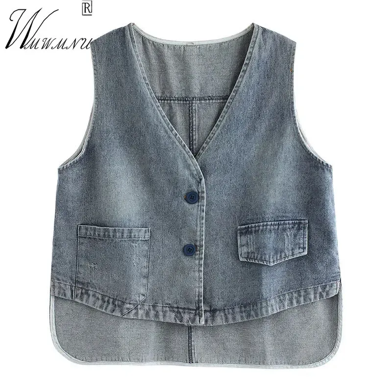 Vneck Vintage recadrée Denim gilet femmes décontracté Jean gilet 2023 printemps été sans manches vestes bleu noir Cowboy Chalecos