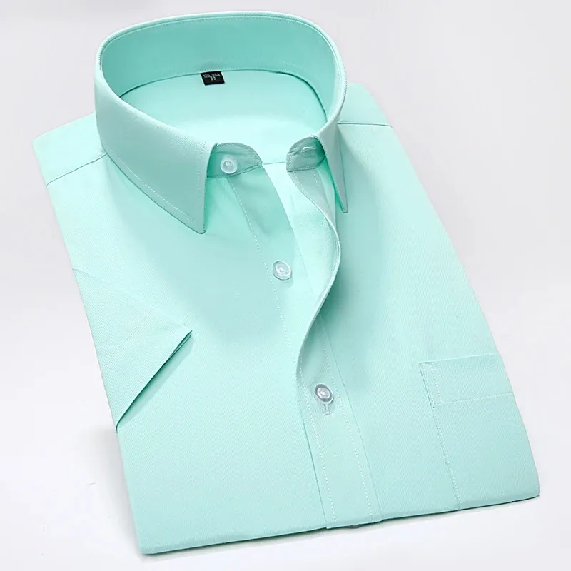 Summer Business Work Shirt Square Collar Kort ärm Plus Size S till 7xl Solid Twill Stands Formal Men Dress Shirts No Fade 240228