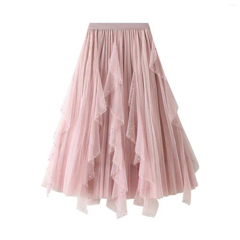 Kjolar kvinnors eleganta pärlor tyll tutu midi kjol 2024 mode fast färg elastisk band ruffle trim tiered flowy a-line