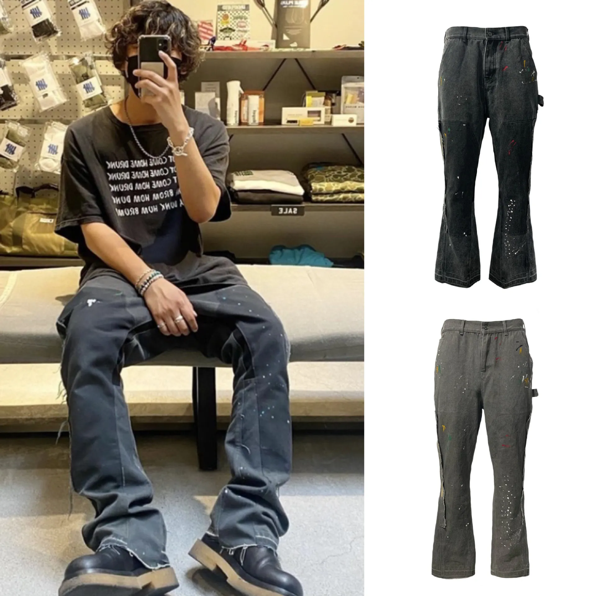 2024ss Flare Splice gewassen denimbroek voor heren, streetwear uitlopende jeans