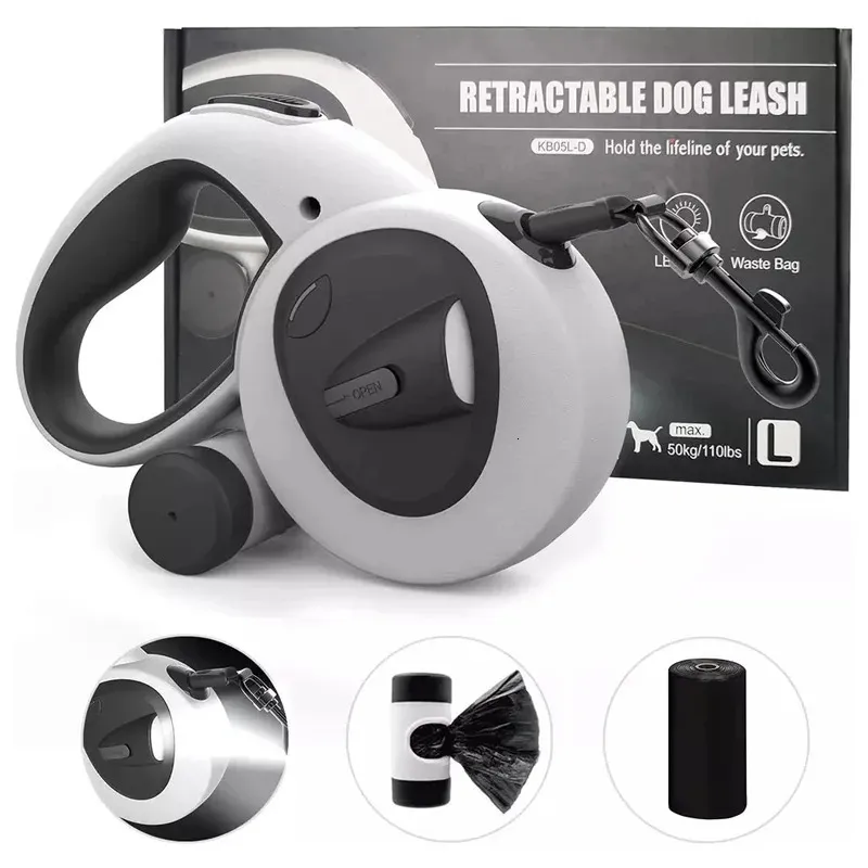 Automatic Retractable Pet Leash5m Long Dog Walking Traction Lead With Waste Bag Dispenser Puppy Durable Led Light Rope Supplies 240226