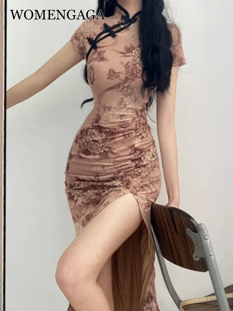 Womengaga Retro Cheongsam Summer High Slim Elegant Flower Long Maxi Dress Sexy Corean Women Tops Robe Sweet 45i4 240220