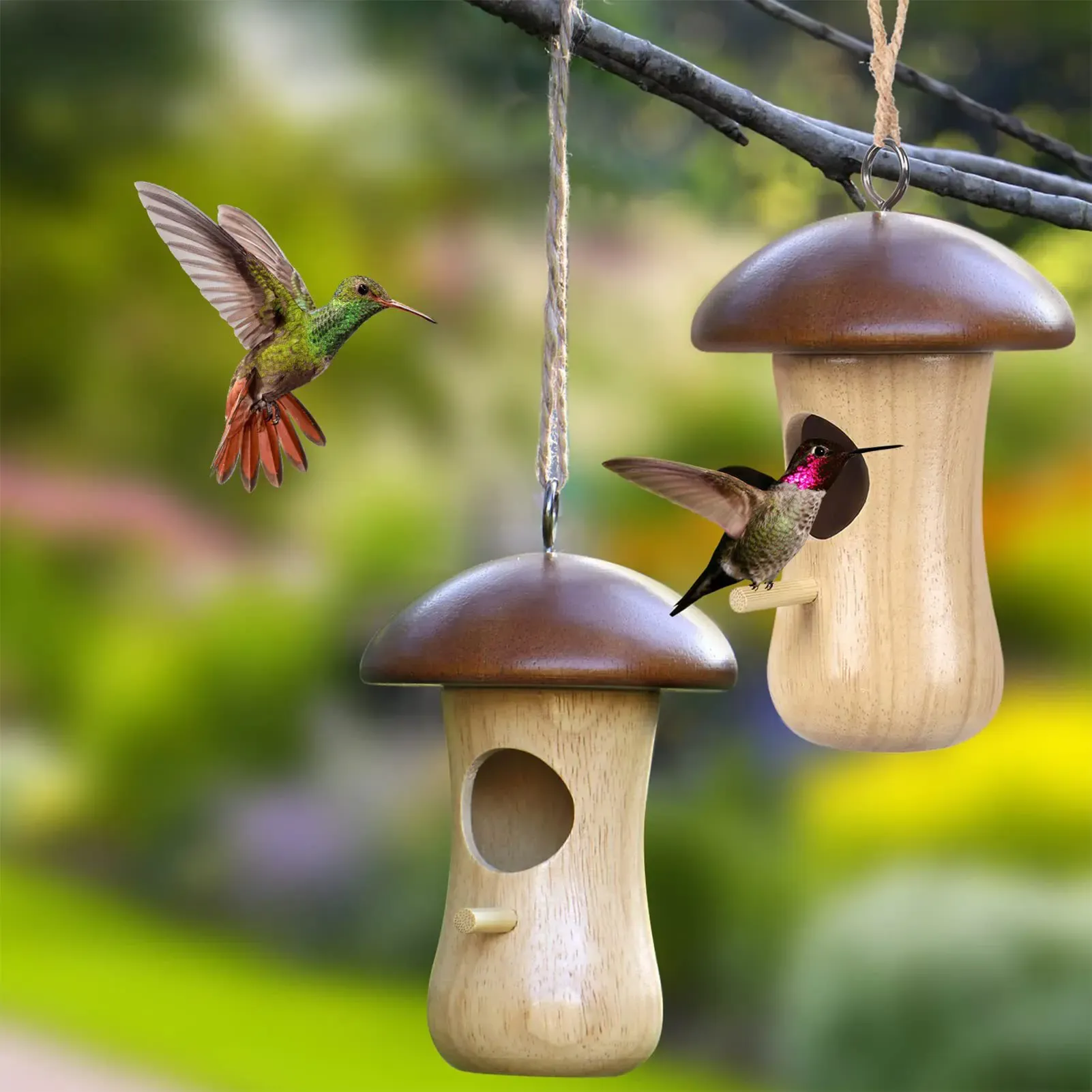 Voeden Paddestoel Vorm Tuin Yard Decoratie Mussenkooi Zwaluw Kolibrie Huis Boom Hangende Voeder Vogelnesten Houten