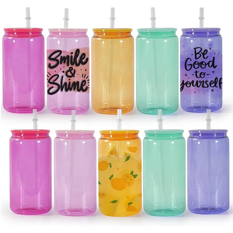 USA Warehouse Jelly Color Glass Can 16oz Sublimatie Glazen Bekers Tumbler Sappot IJsdrank Frisdranken Bierblikjes Glazen Kopjes Koffiemokken Met Gekleurde Deksels Rietjes