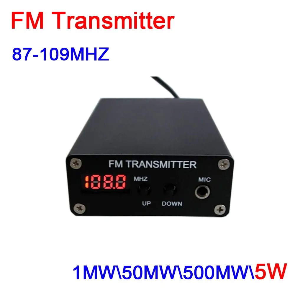 مكبر للصوت 0.5W 5W FM Transmitter Stereo Audio 87M109MHz التردد LCD Display Broadcast Station Receiver + Antenna + Power