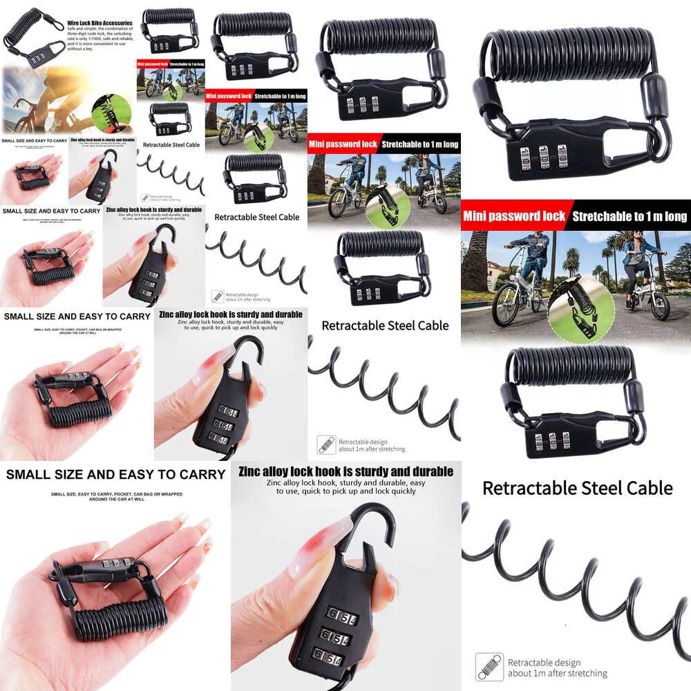 Nytt nytt nytt nytt hjälm Portable Lock 3 -siffriga Steel Frame Cable Mountain Security Password Code Cycling Combinatio Z3k8