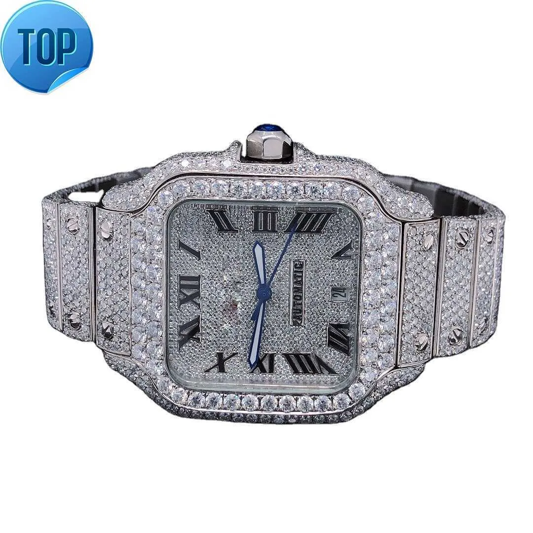 Resistente al agua Hielo triturado Diseño antiguo Moisannita natural Diamante real Hombres Mujeres Relojes de vendedor indio