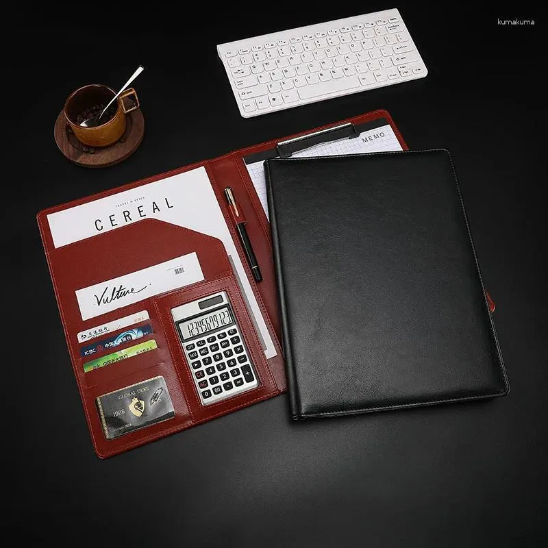 Business Office Multifunktions-Ordnerclip mit Taschenrechner, einfaches, stilvolles und praktisches A4-Leder-Notizbuch