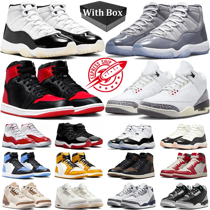 Con scatola Jumpman 1 3 11 Scarpe da pallacanestro Uomo Donna 11s Gratitude Cool Grey Cherry 1s Nero Phantom Reverse Mocha Satin Bred 3s Bianco Cemento Mens Scarpe da ginnastica da ginnastica