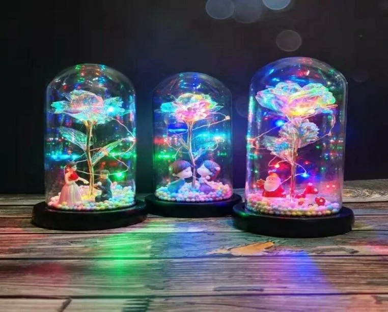 LED Enchanted Rose Light Silked Artificial Eternal Rose Flower In Glass Dome Lamp Decors Light Christmas Valentine Romantic Gift C5521186