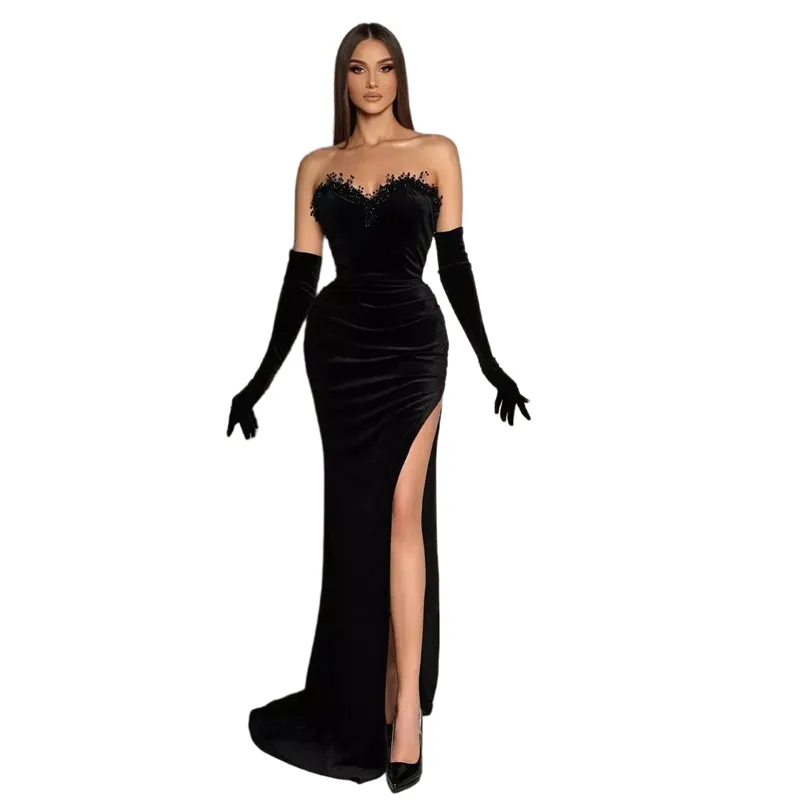 Black Veet Black Velvet Evening Dress with Side Split, Gloves, and Crystals - Perfect for Prom, Birthday Parties, Special Occasions, or Special OCN