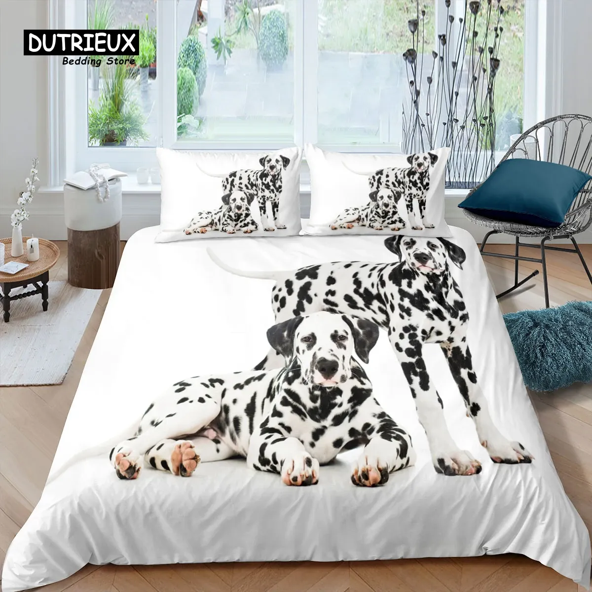 Set Home Living Luxury 3D Dalmatian Pedding Zestaw kołdry kołdrę Pouszek Połaszek Zestaw pościeli Królowa i King UE/US/AU/Wielka Brytania Sheer Curtyns