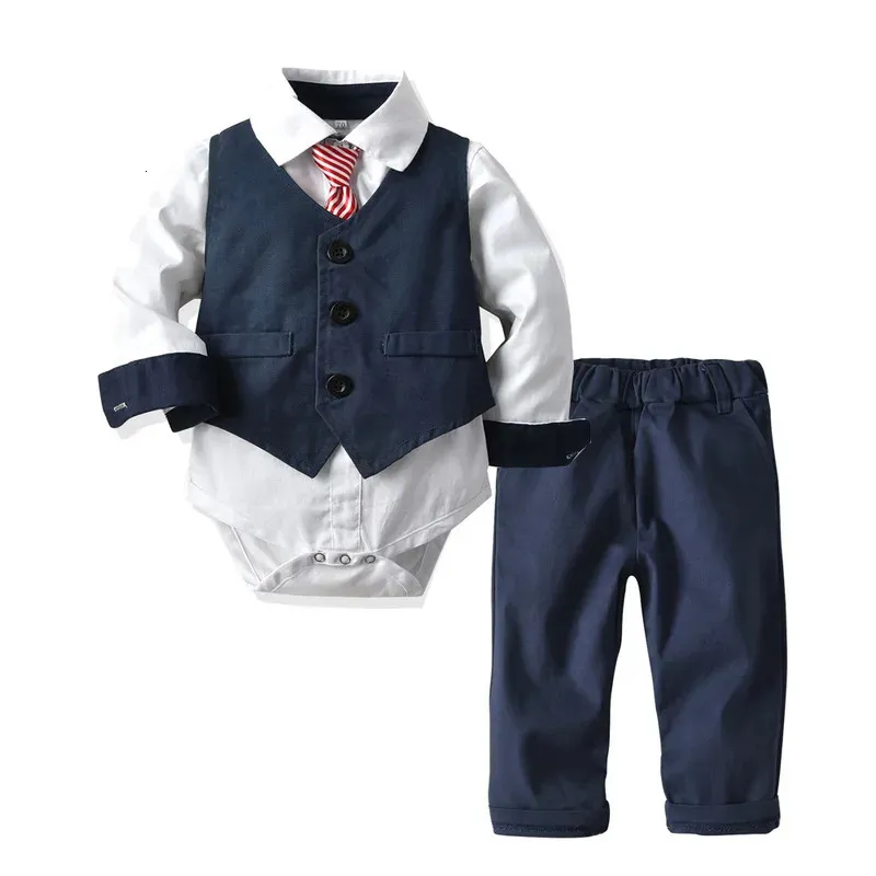 Baby Boy Formal Set Clothing with Tie Navy Vest Romper Pants for 9-36 Months Kids Suits Party Birthday Gentleman Clothes 240228