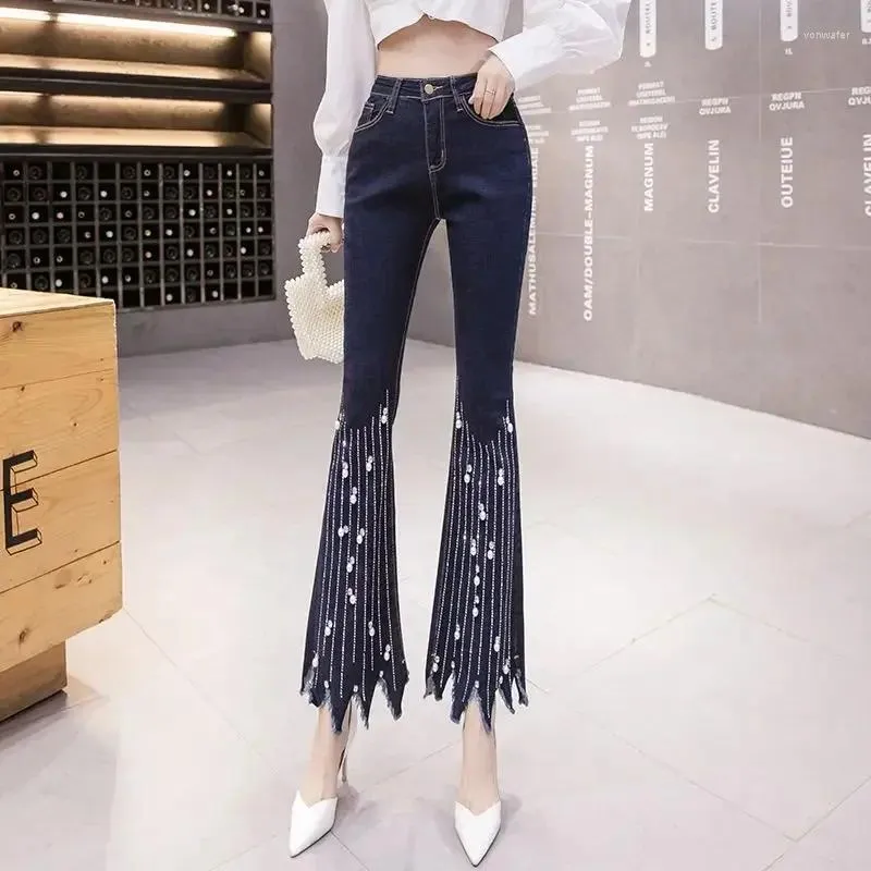 Jean femme cloche bas évasé Flare bleu taille haute S avec strass pantalon pour femme étiré Unique en Z pantalon