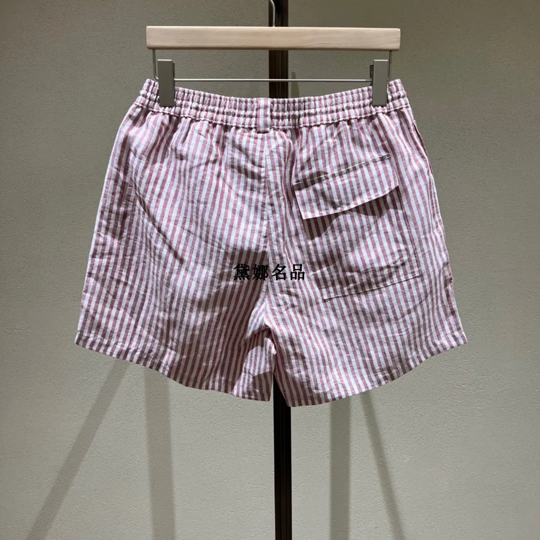 Shorts masculino primavera e verão loro piano rosa listrado puro linho praia calças shorts