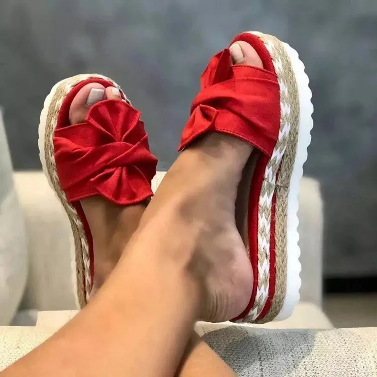 Yaz Kadın Terlik takozları 521 platform orta topuklu papyon peep toe moda slaytlar plaj açık bayanlar ayakkabı zapatos de mujer 240223 536