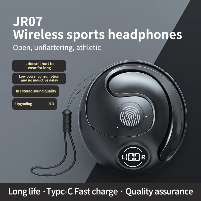 JR07 Écouteurs sans fil avec crochet d'oreille Réduction du bruit Bluetooth 5.3 TWS Écouteurs Casque de jeu Affichage LED Haute qualité Nouveaux écouteurs 2024