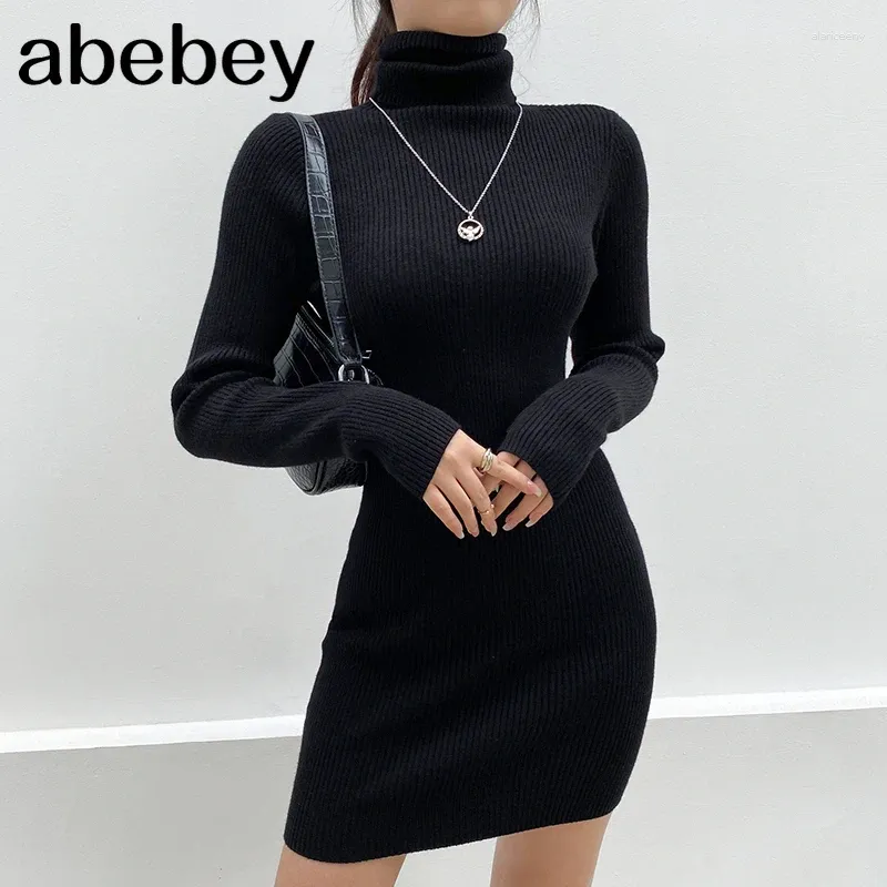 Casual jurken effen lange mouwen gebreide bodycon herfst winterjurk dames mini basic slanke coltrui zwart vestidos