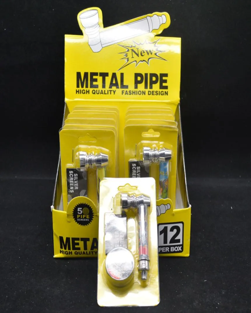 Small Metal Reting Pipe Portable Metal Pattern Series Reggae Rökning Set Pipe Colander med silverskärmar och Grinder9163282