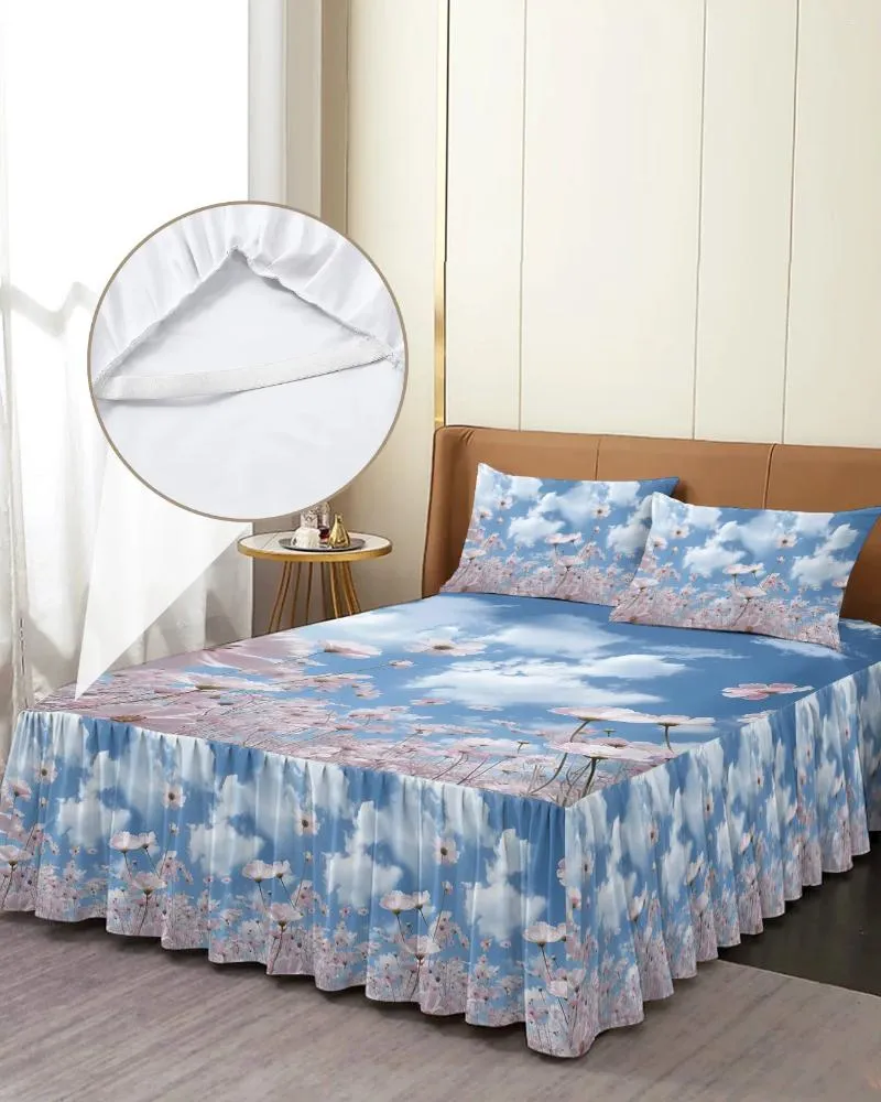 Bed Skirt Blue Sky Clouds Flowers Elastic Fitted Bedspread With Pillowcases Protector Mattress Cover Bedding Set Sheet