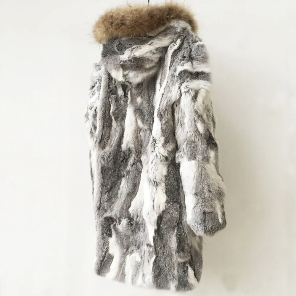 Fur Hooded Luxury Real Fur Long Coat X long Women Genuine Rabbit Jacket Raccoon Fur Collar Overcoat New Winter For Lady TSR635