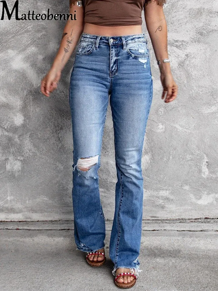 Jeans kvinnor hål rippade tofs flare jeans ihåliga ut sexiga höga midja denim byxor damer vintage stretch smala jeans breda benbyxor