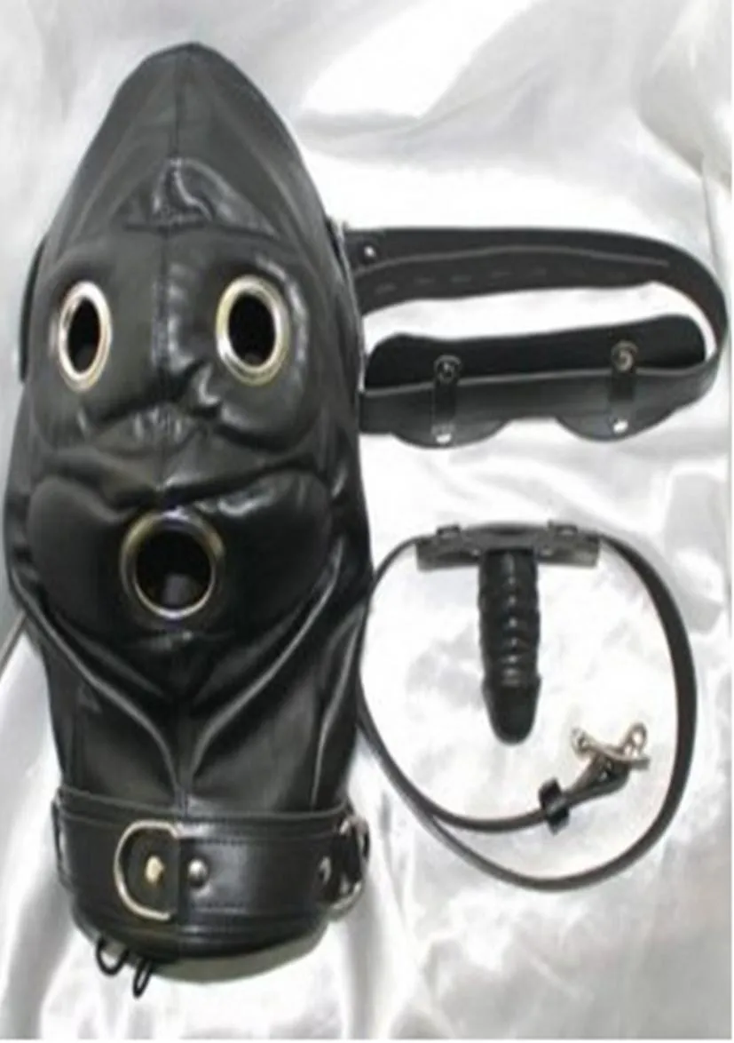 Weiches PVC-Leder-Bondage-Sklaven-Haube-Maske-Kopfbedeckung mit Silikon-Dildos, Penis-Mund-Plug-Gag in Erotikspielen, Fetisch-Porno-Sexspielzeugen F7598733