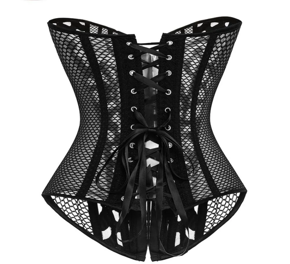 Women Corselet Steampunk Gothic Slimbabe Sexy Burlesque Mesh Lace Corsets Bustier Waist Cincher Top Black Waist Trainer Corset4721114