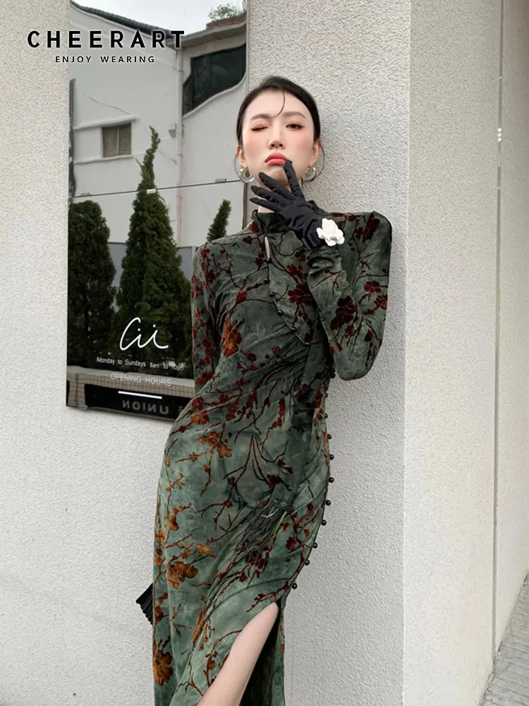 Cheerart vintage verde floral bodycon cheongsam vestido de manga longa midi senhoras alta fenda qipao vestidos moda roupas 240220