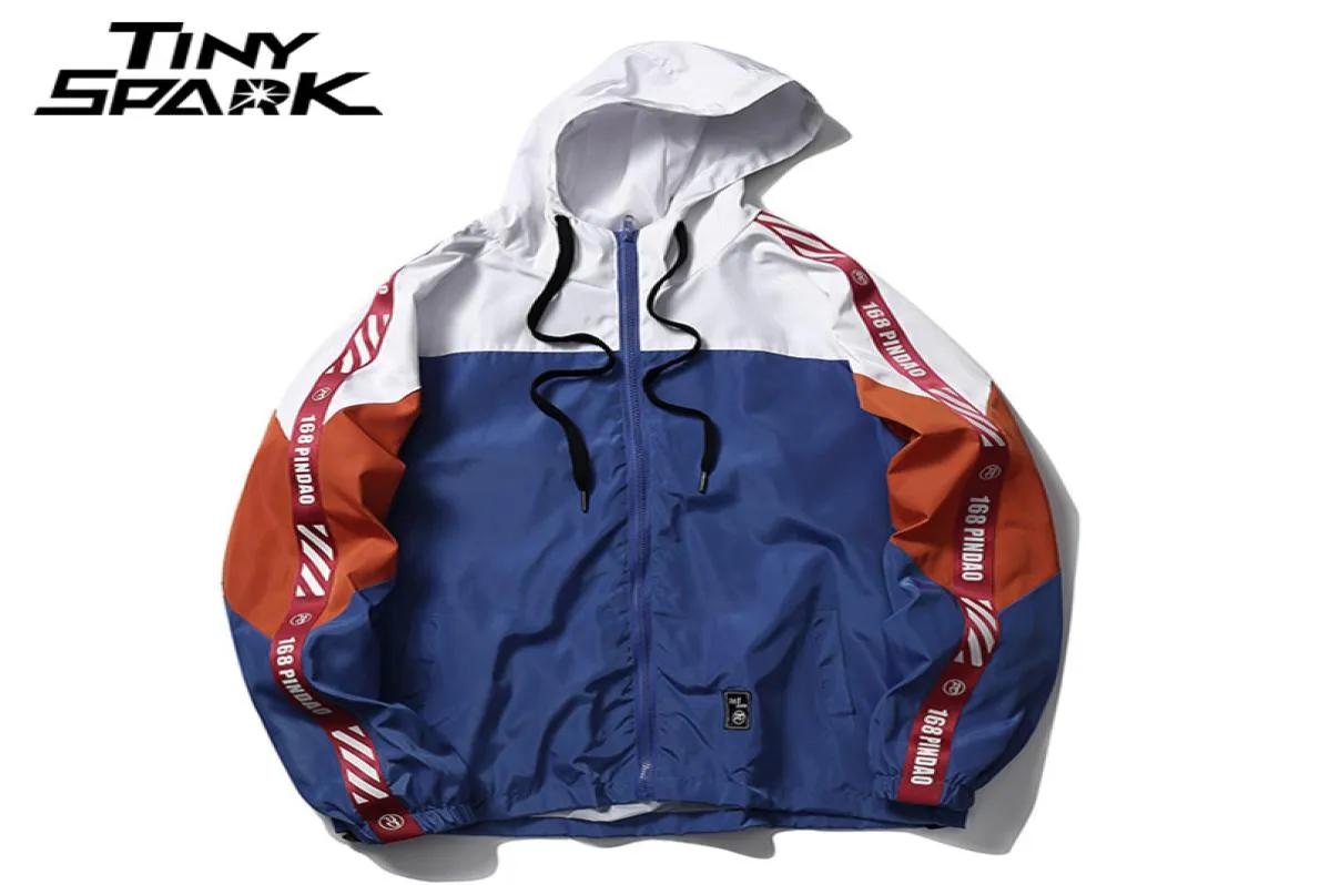 2018 Autumn Windbreaker Jacket Hip Hop Menフーディージャケットパッチワークフルジッププルオーバートラックスーツジャケットファッションストリートウェアリボン19741