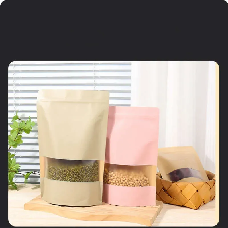 Colorful Pink Blue Kraft Paper Bags Clear Window Zipper Retail Mylar Stand Up Pouch For  Snack Candy Coffee Bean Powder Nuts Tea Seeds Gifts Packaging Storage