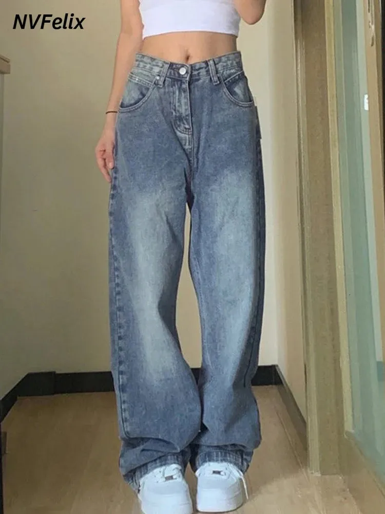 Jeans kvinnor vintage 90 -tal baggy rak denim byxor y2k hög midja lösa bred ben avslappnade långa byxor kläder kvinnliga streetwear 240227