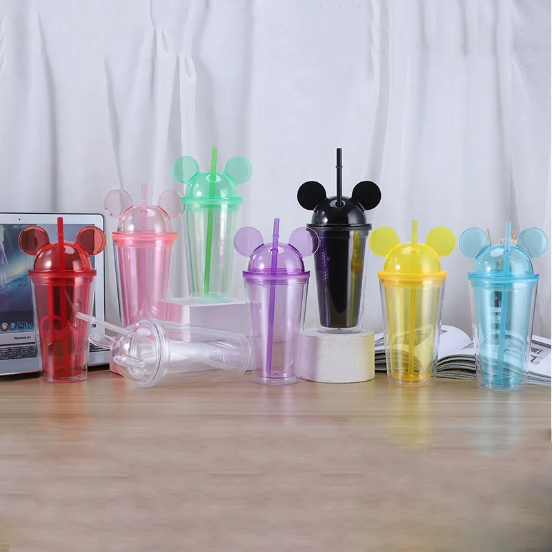 Neue Nette Transparente Stroh Tasse Outdoor minimalistischen Stil Tragbare Geschenk Tasse Cartoon Bild Doppel Schicht Kunststoff Tasse Fabrik Großhandel