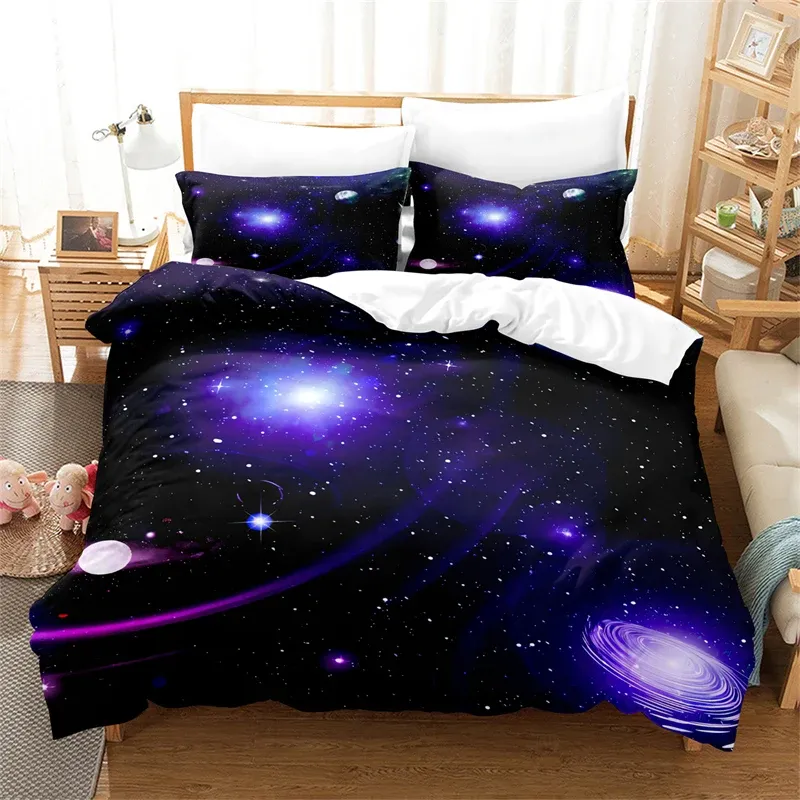 Set hermoso juego de cama de cielo estrella set de cubierta de dudas de ropa 3D impresión digital lino de cama queen size set de moda diseño de moda pura cortinas