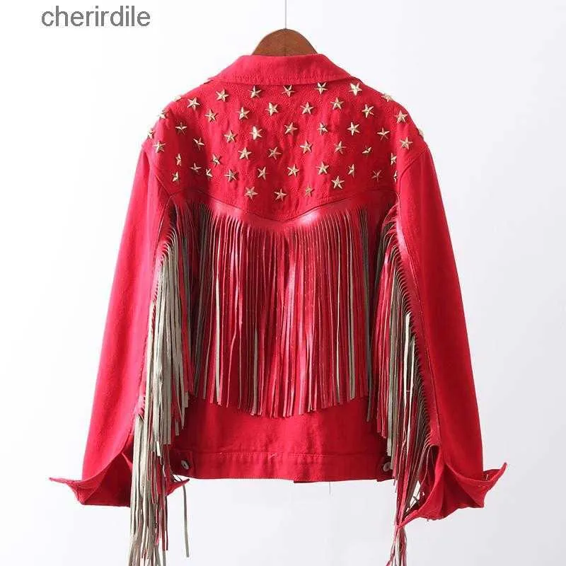 Women's Jackets Jackets Autumn Red Denim Women Star Rivet Suede Fringe Single-breasted Long Sleeve Female Outerwear Ropa Z544 240301