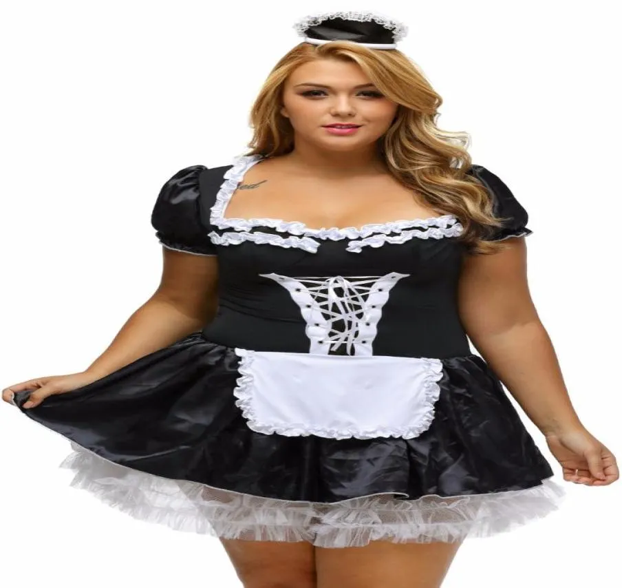 S6XL Zwart satijn en wit kant Fancy Mini Franse meidjurk Cosplay Sexy meidkostuum Grote maten Halloween-kostuums voor dames2774228